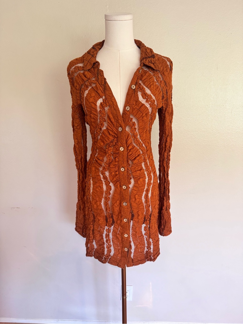 Free People Lace Button-Down Long Sleeve Mini Dress